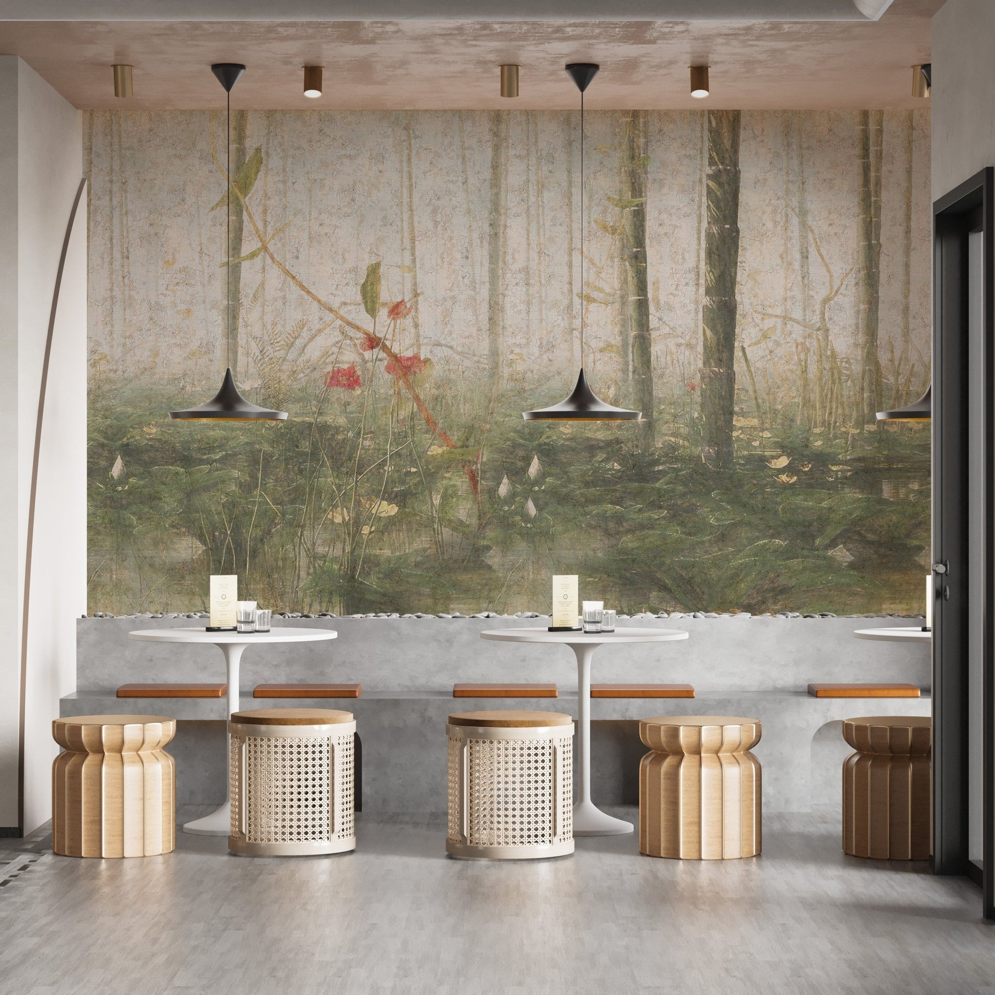 Restaurant dining area featuring tropical forest wall mural and wooden stools.