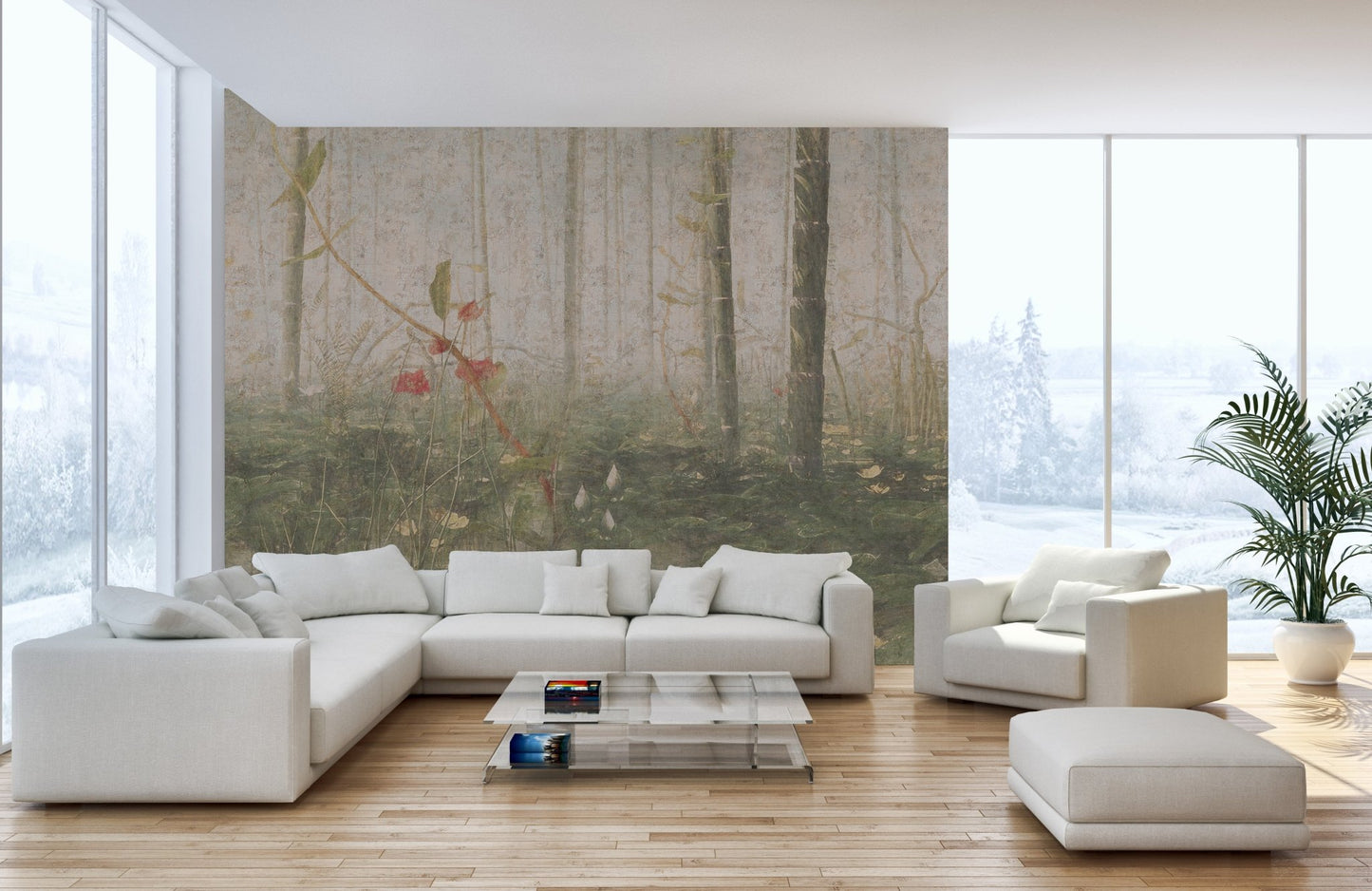 Minimalist living area showing tropical forest wall mural with glass table.