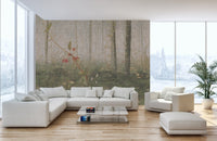 Minimalist living area showing tropical forest wall mural with glass table.