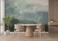Forest view wall mural in a minimalist dining room with light wood furniture.