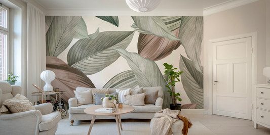 Soft sage leaf mural in accent wall