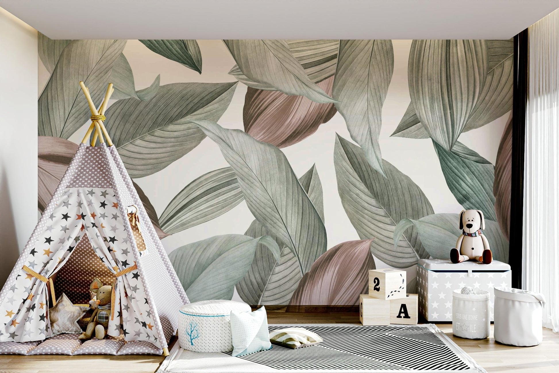 Soft green leaf wallpaper in a hallway