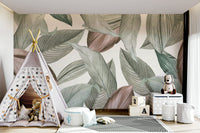 Soft green leaf wallpaper in a hallway