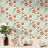 Cream folksy background wall mural featuring small bird and leaf patterns.