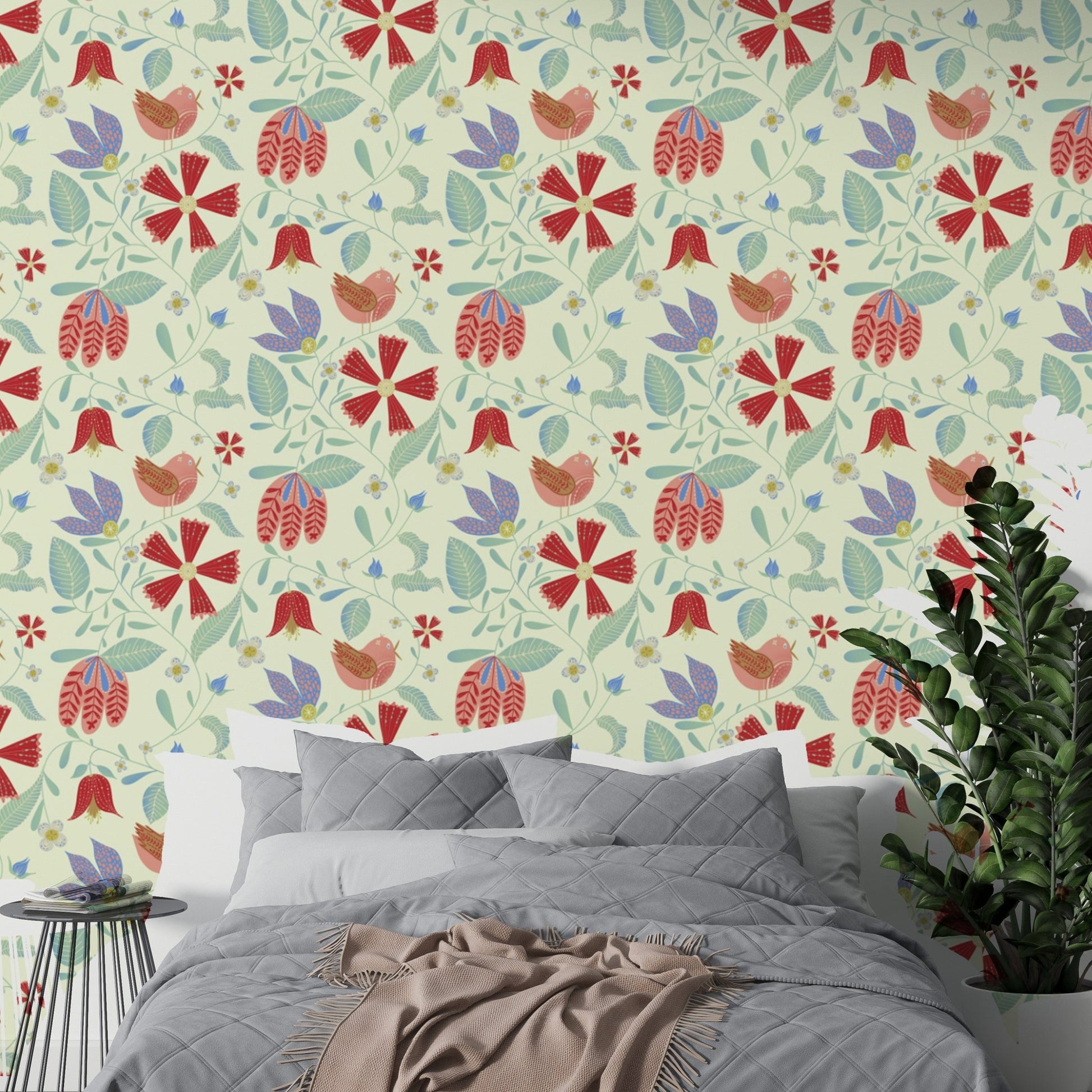 Detailed botanical folksy wallpaper with red blossoms and blue bird illustrations.