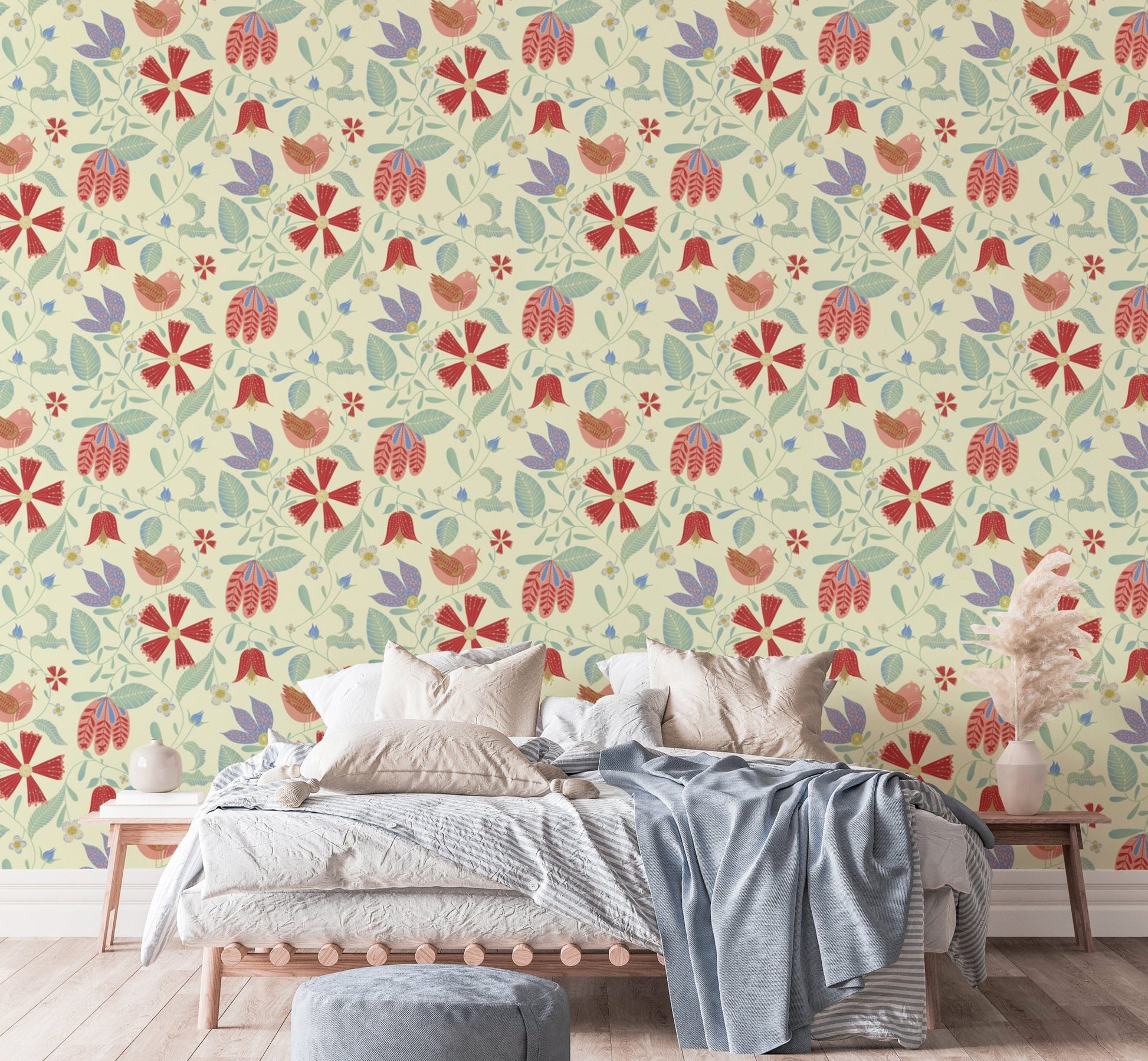 Repeating pattern wallpaper with vintage inspired bird and flower art.