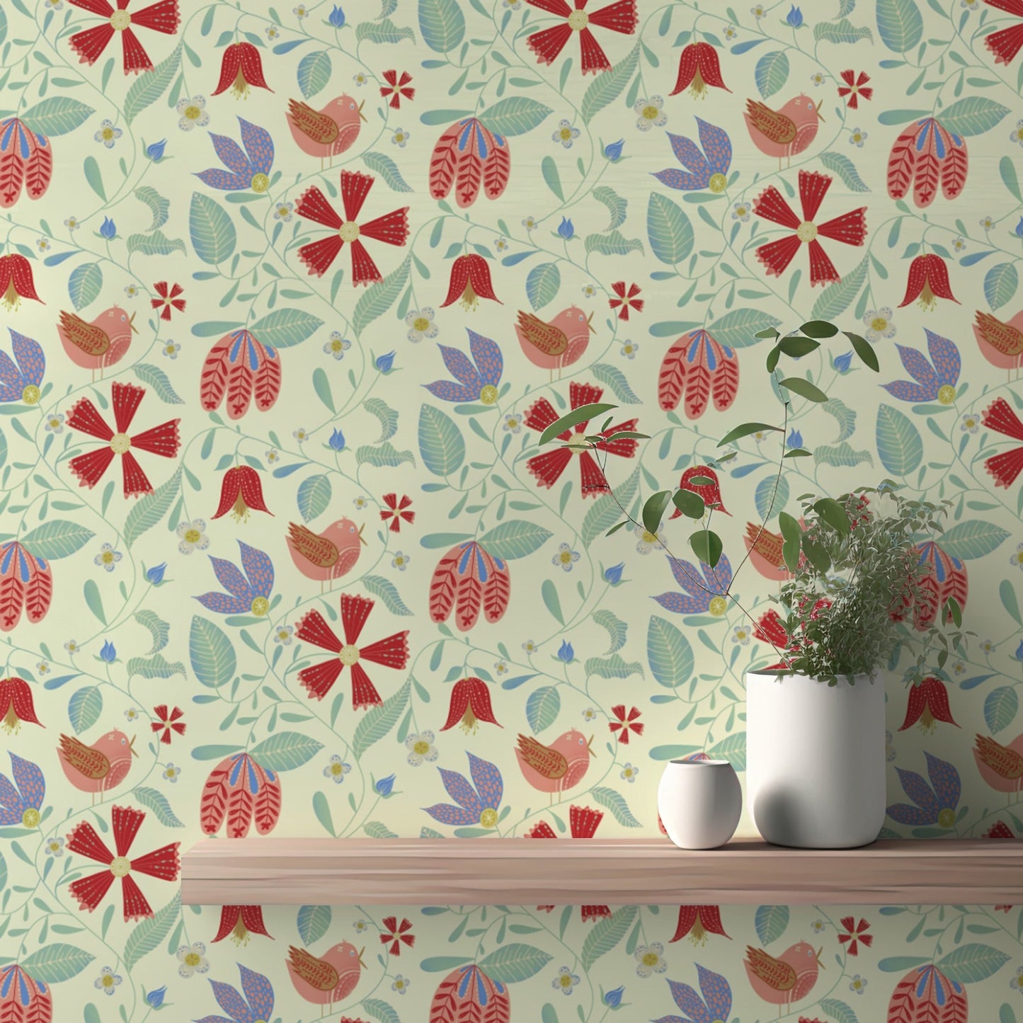 Intricate folksy birds wallpaper for a rustic and classic wall style.