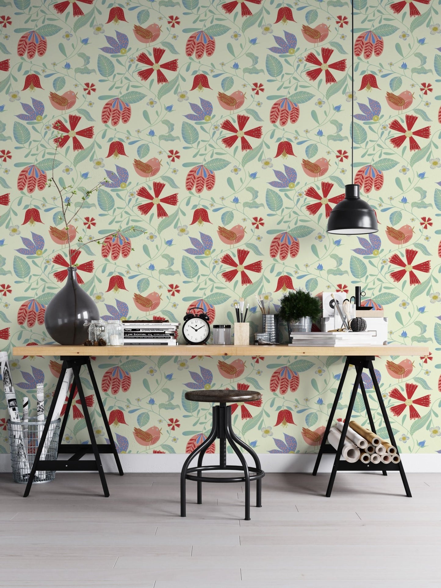 Traditional hand-drawn style folksy wallpaper with repeating bird motifs.