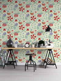Traditional hand-drawn style folksy wallpaper with repeating bird motifs.