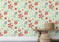 Delicate folksy birds wall mural for a warm and cozy home interior.