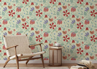 Soft cream folksy birds wall mural with intricate red and blue garden elements.