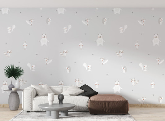 Gray forest animal wallpaper with hedgehog and squirrel on living room backdrop.