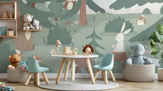 Forest animal kids wallpaper mural with bear and fox illustrations.