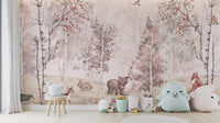 Hand-painted style forest animals wall mural with birch trees wallpaper.
