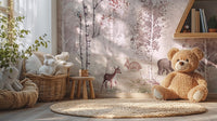 Forest animals Wall Mural with light brown bears and tall trees wallpaper.