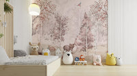 Minimalist forest animals wall mural in soft cream and beige wallpaper.