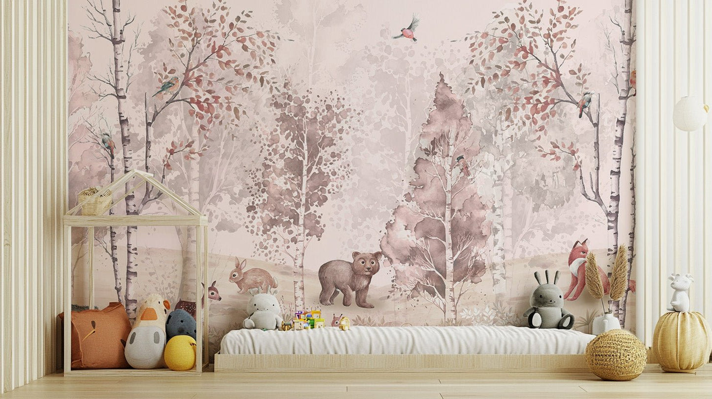 Detailed forest wall mural with birds perched on birch trunks wallpaper.