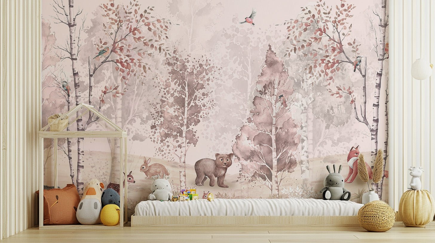 Detailed forest wall mural with birds perched on birch trunks wallpaper.