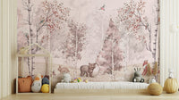 Detailed forest wall mural with birds perched on birch trunks wallpaper.