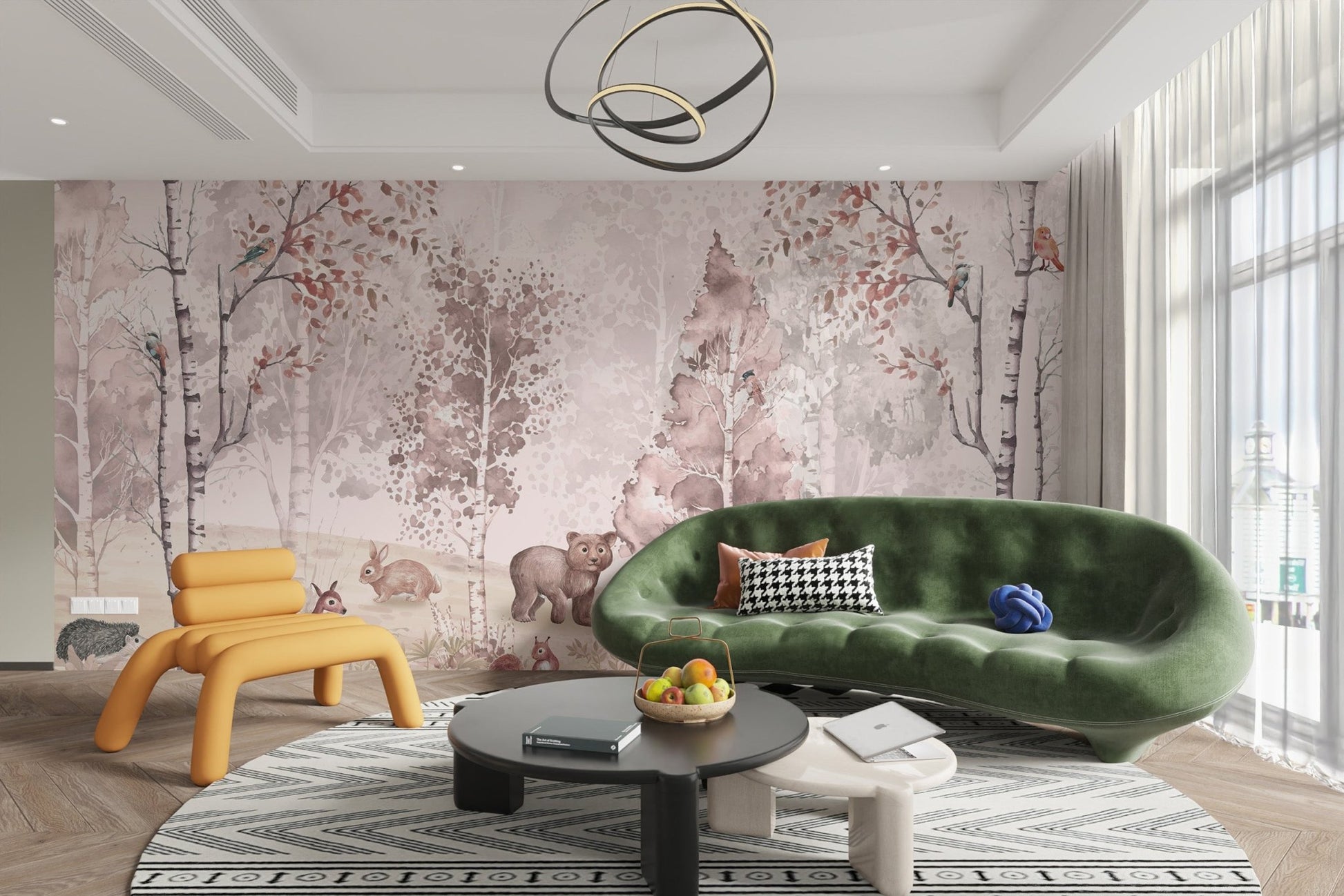 Whimsical forest animals wall mural with birds in autumn branches wallpaper.