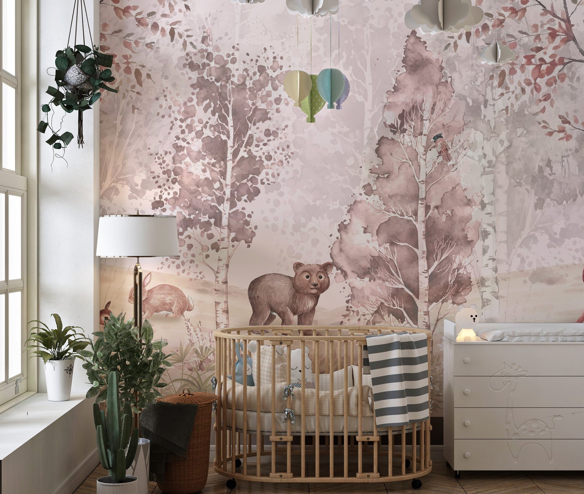 Gentle forest scene wall mural with diverse woodland creatures wallpaper.