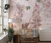 Gentle forest scene wall mural with diverse woodland creatures wallpaper.