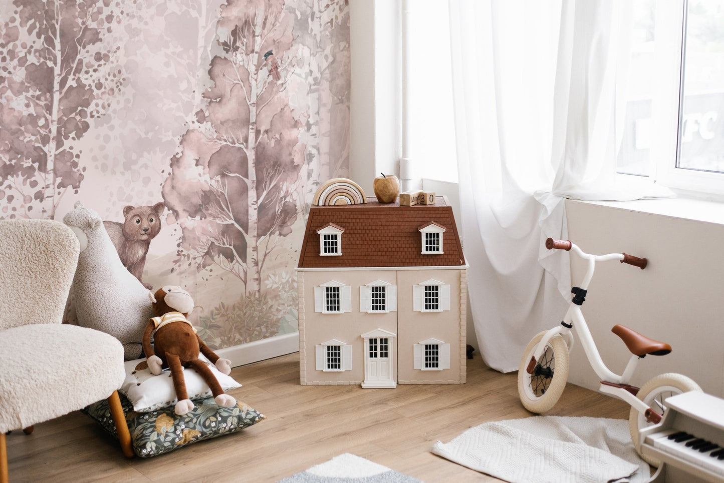 Muted tan and pink watercolor forest animals wall mural wallpaper.