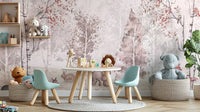 Illustrated forest landscape wall mural with small birds wallpaper.