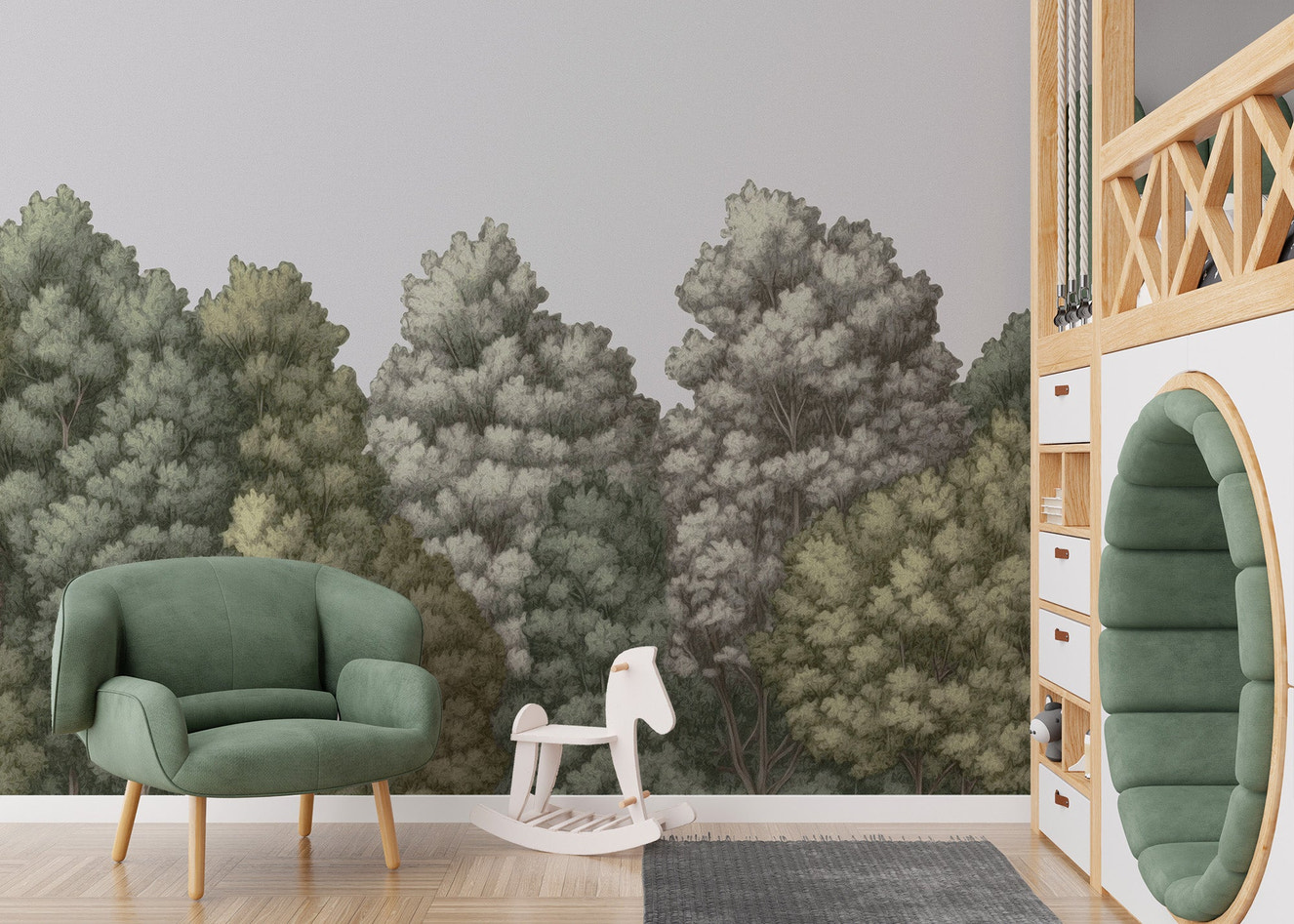 Lush forest wall mural for a modern organic interior style.