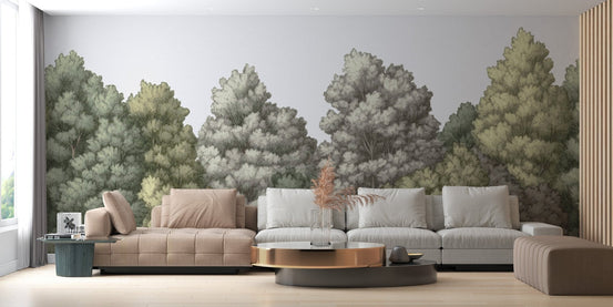 Forest canopy wallpaper mural in muted green tones with hand drawn tree sketches.