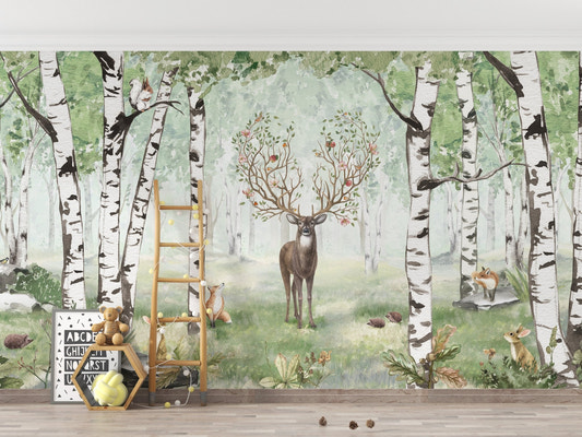 Forest deer wallpaper mural with a stag and flowering antlers in a birch grove.