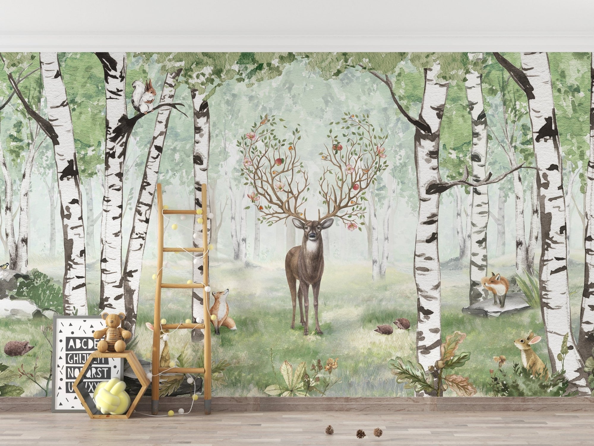 Forest deer wallpaper mural with a stag and flowering antlers in a birch grove.