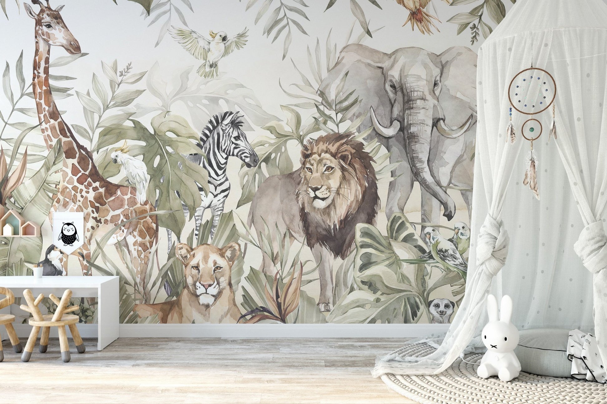 Forest Fauna Watercolor Wall Mural with giraffe and lion in a kids bedroom.