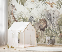 Neutral forest wall mural featuring an elephant and zebra behind a white play tent.