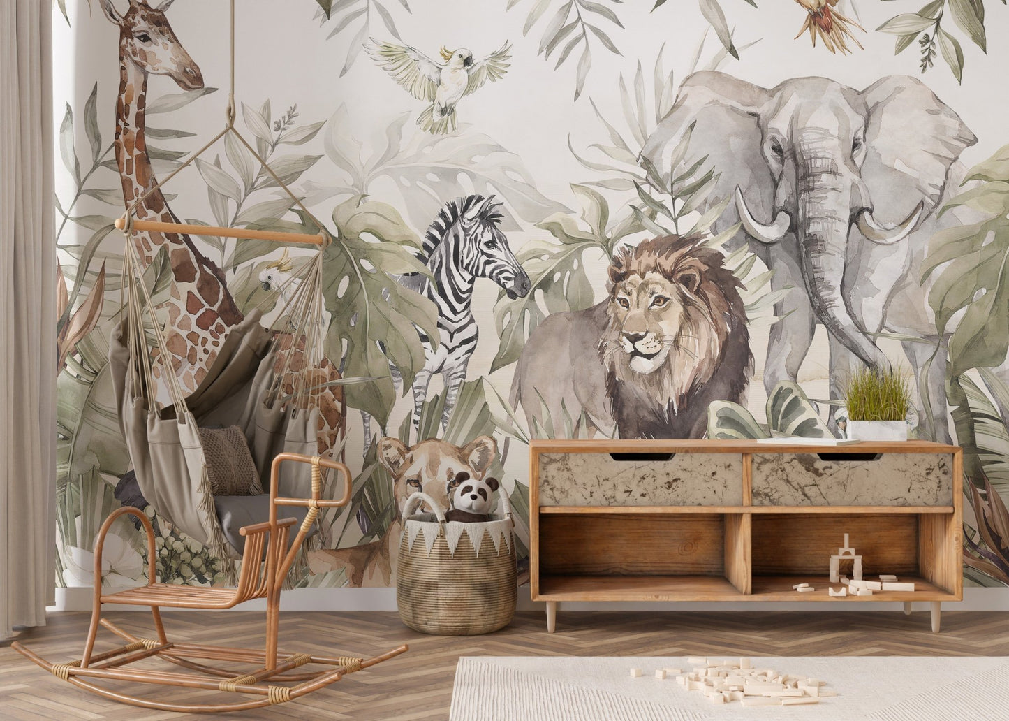 Grey and beige watercolor wall mural for a modern nursery setting.