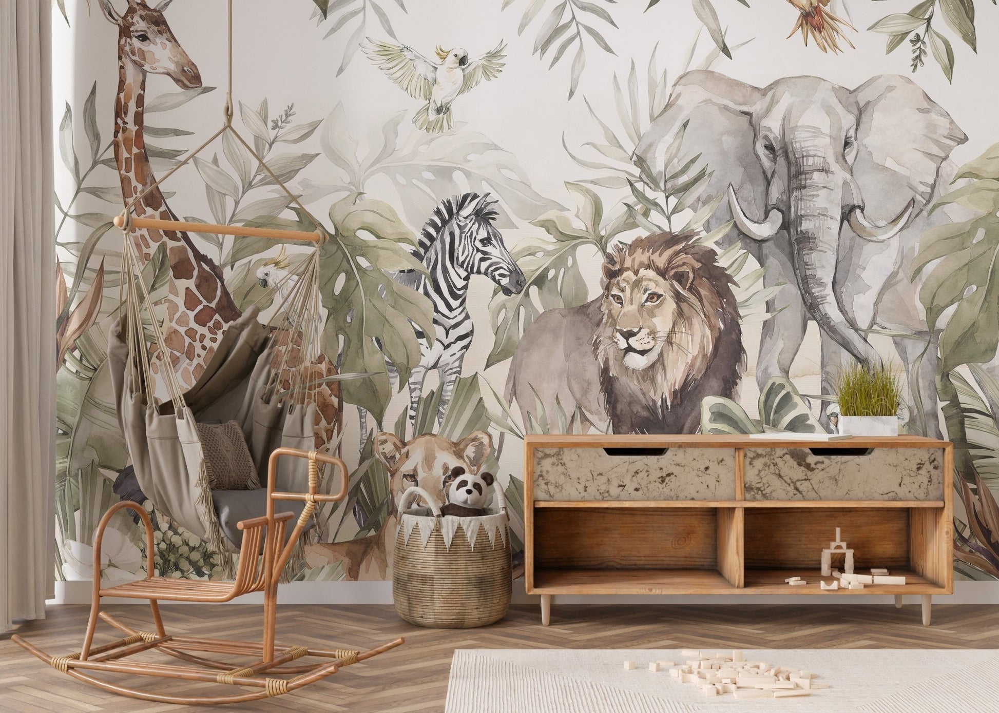 Grey and beige watercolor wall mural for a modern nursery setting.