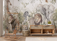 Grey and beige watercolor wall mural for a modern nursery setting.