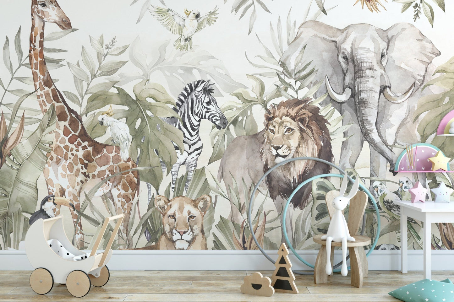 Watercolor animal wall mural with grey elephant and brown lion in a nursery.