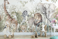 Watercolor animal wall mural with grey elephant and brown lion in a nursery.