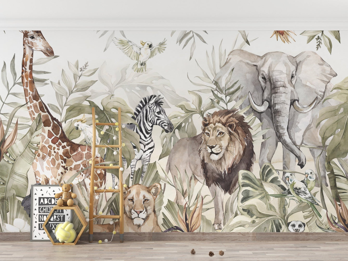 Watercolor wall mural with forest animals in kids playroom.
