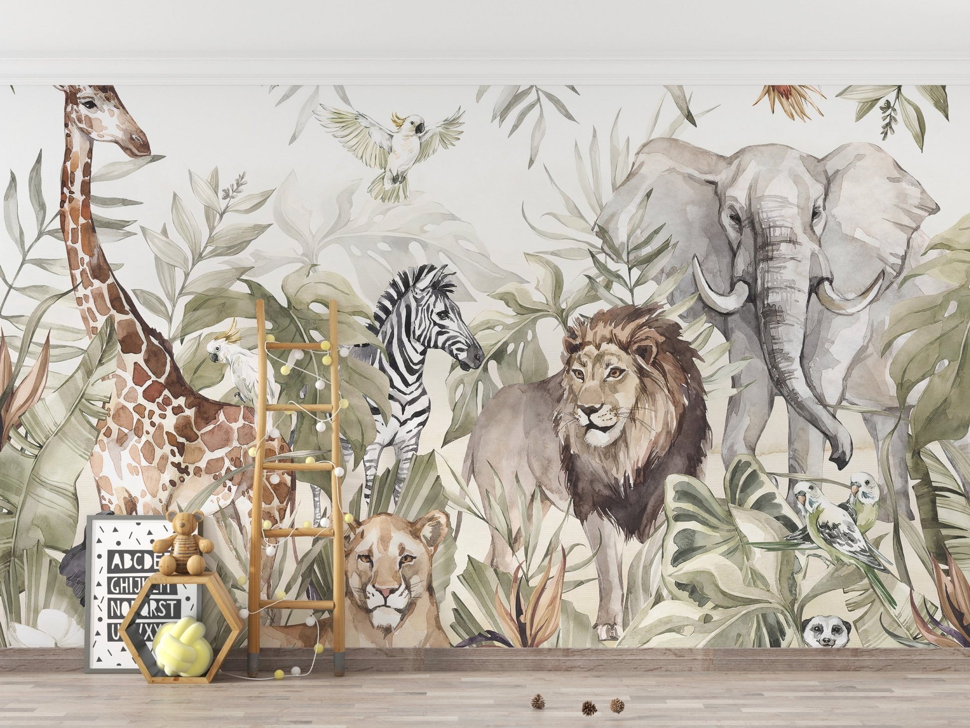 Watercolor wall mural with forest animals in kids playroom.
