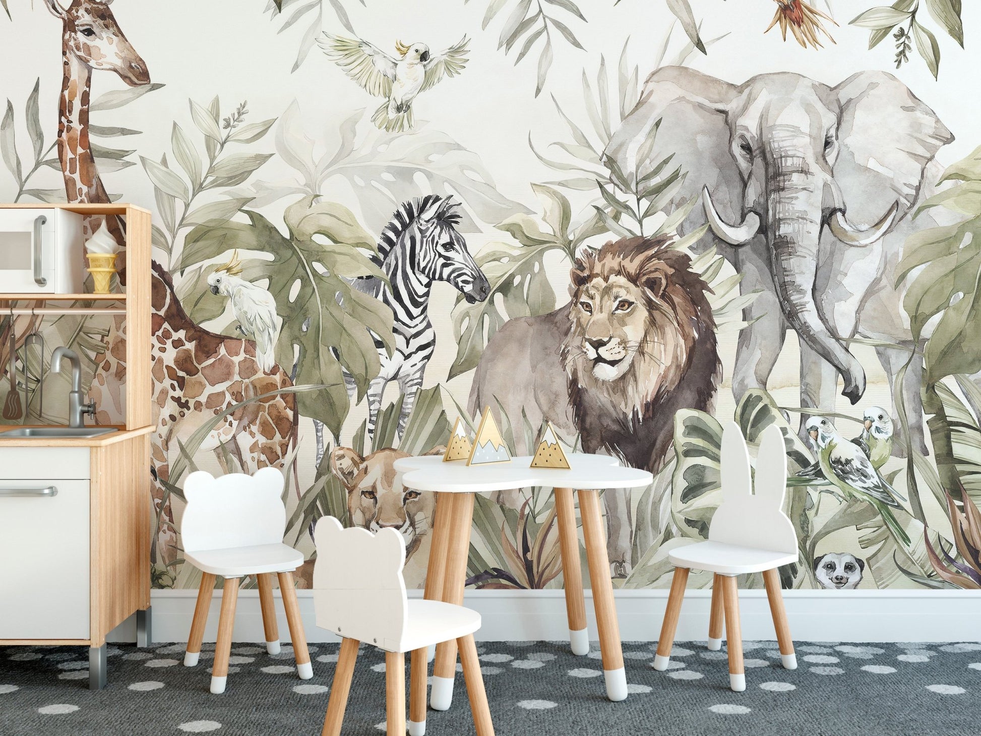 Detailed watercolor wall mural of a giraffe and elephant in a dining area.