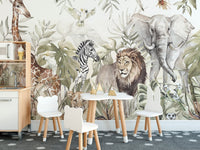 Detailed watercolor wall mural of a giraffe and elephant in a dining area.