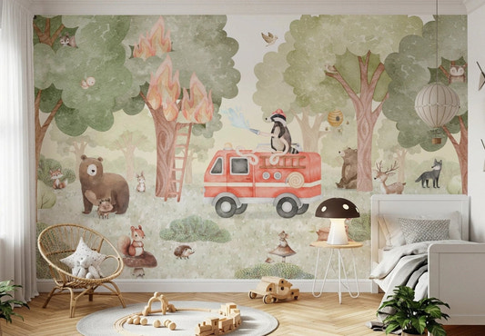 Forest Fire Fighter Wall Mural in a minimalist kids bedroom