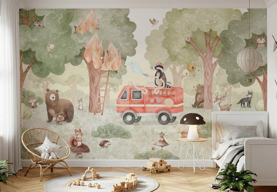 Forest Fire Fighter Wall Mural in a minimalist kids bedroom