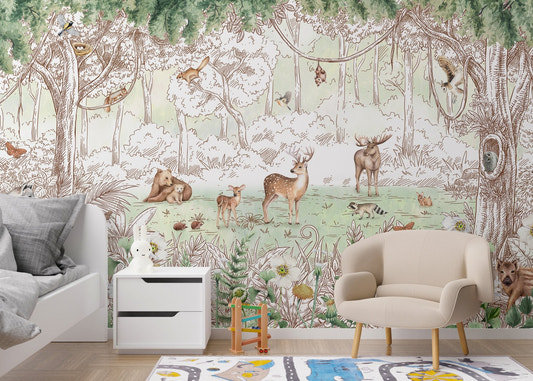 forest friends in spring season wallpaper for walls with deer and bears.