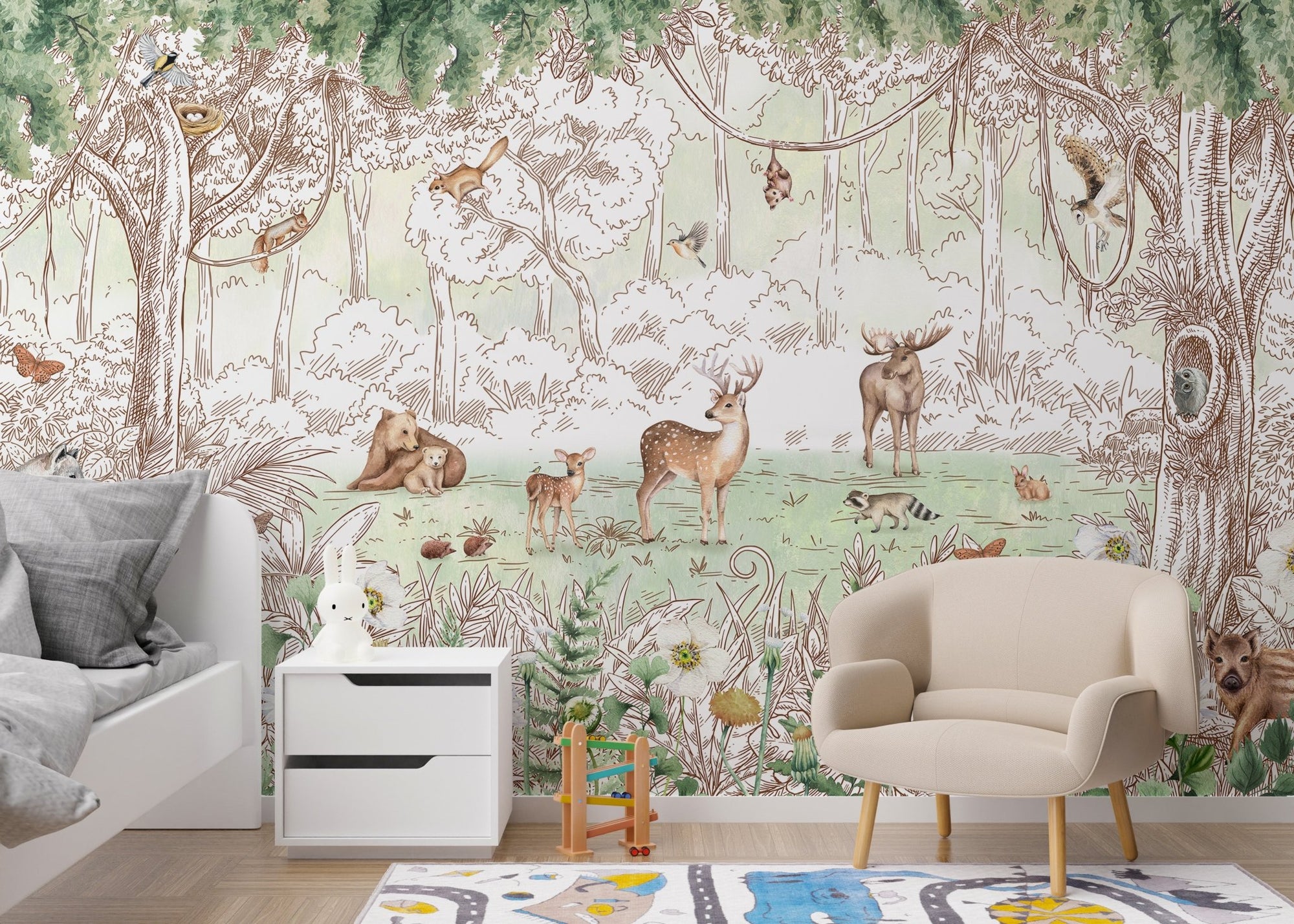 forest friends in spring season wallpaper for walls with deer and bears.