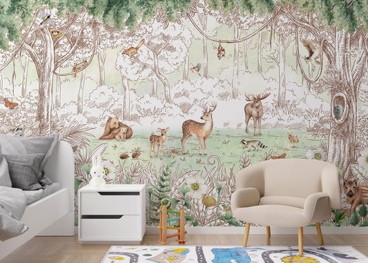 forest friends in spring season wallpaper for walls with deer and bears.
