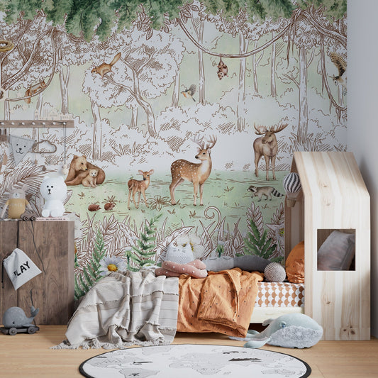 spring meadow scene wallpaper with moose and raccoon illustrations.