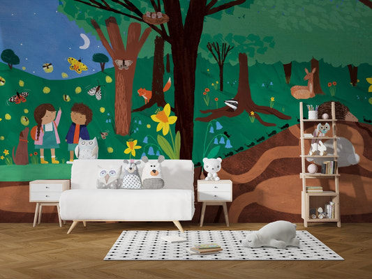 Forest friends night wall mural with children and fireflies.